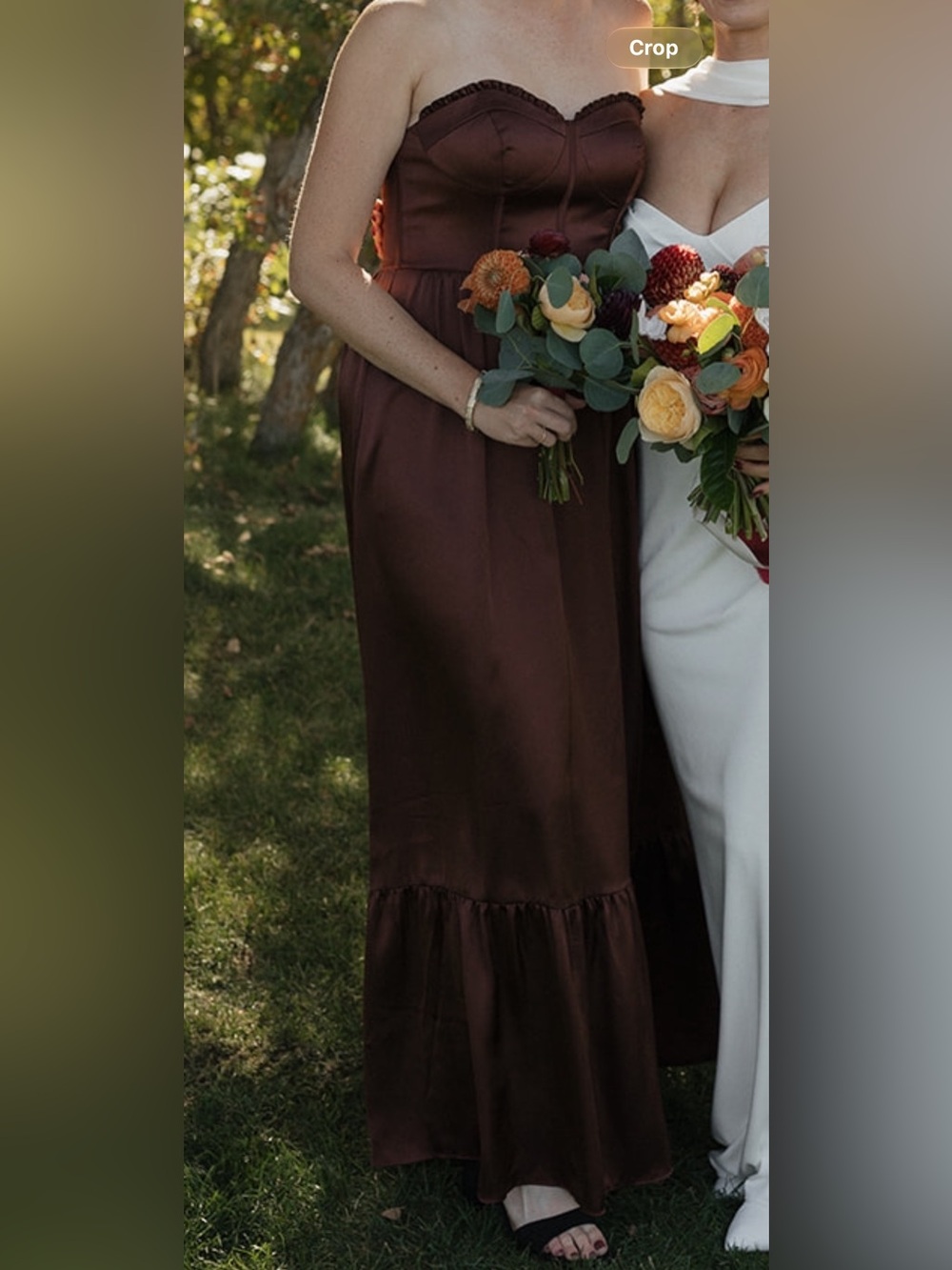 Revelry, Valentina Satin Strapless Dress in Mahogany Brown
